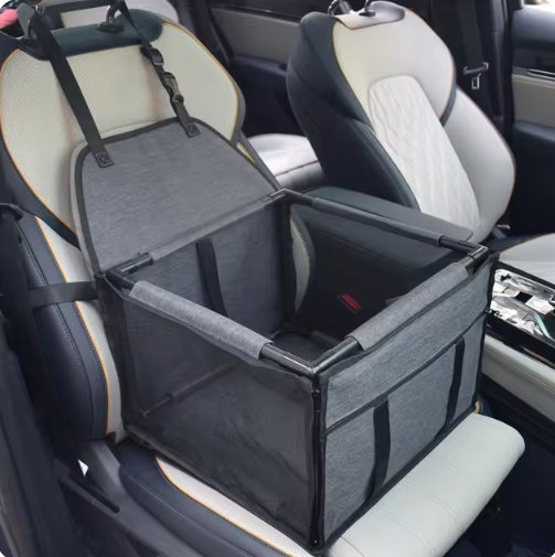 Black and gray FurFree pet car seat installed in a vehicle