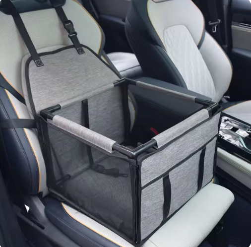 Light gray FurFree pet car seat and travel bed installed in a vehicle