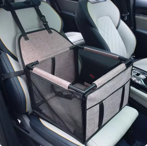Coffee FurFree pet car seat and travel bed installed in a vehicle