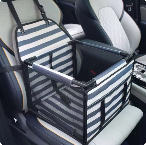 Striped FurFree pet car seat and travel bed installed in a vehicle