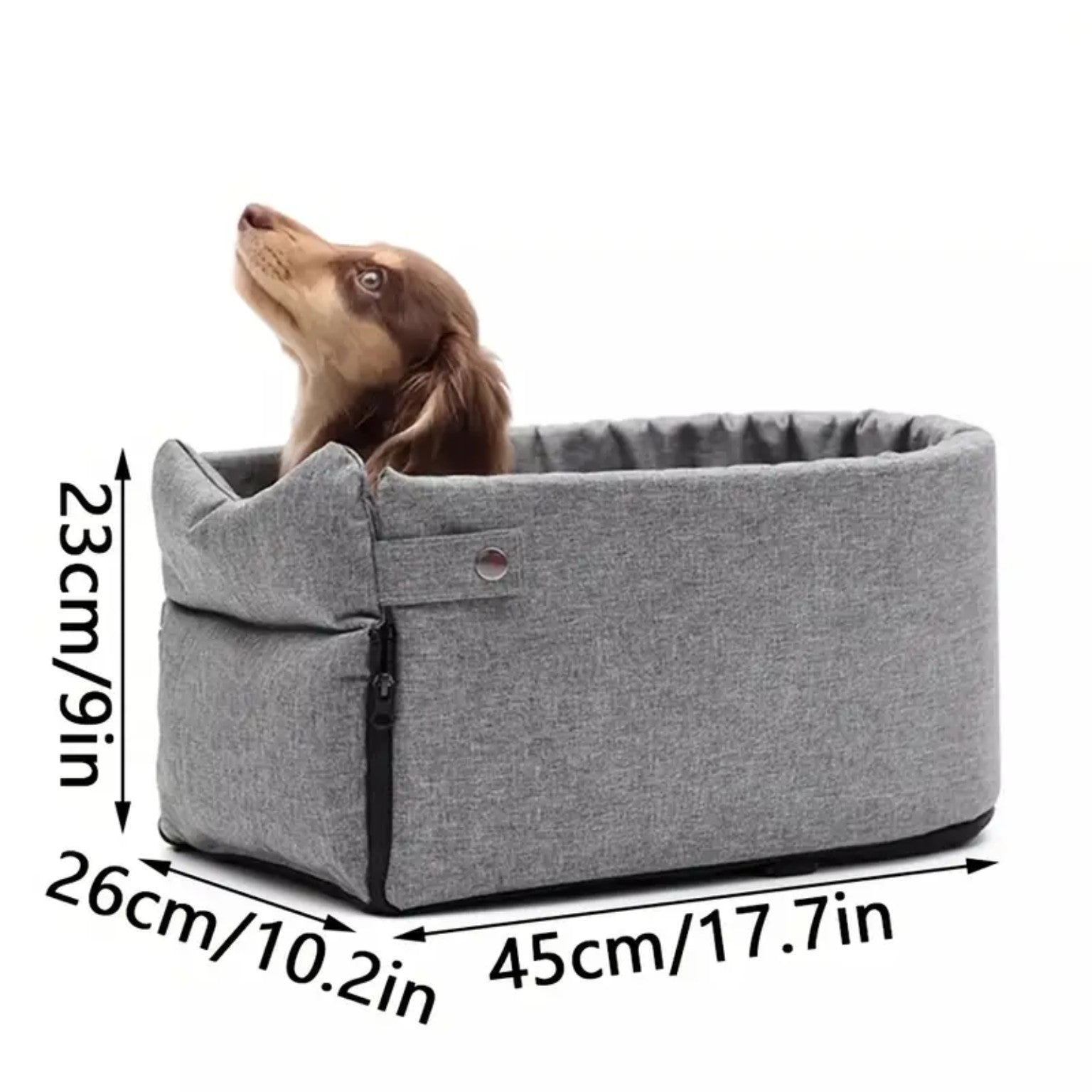 FurFree CozyRide gray pet car seat dimensions: 45 × 26 × 23 cm (17.7 × 10.2 × 9 in)