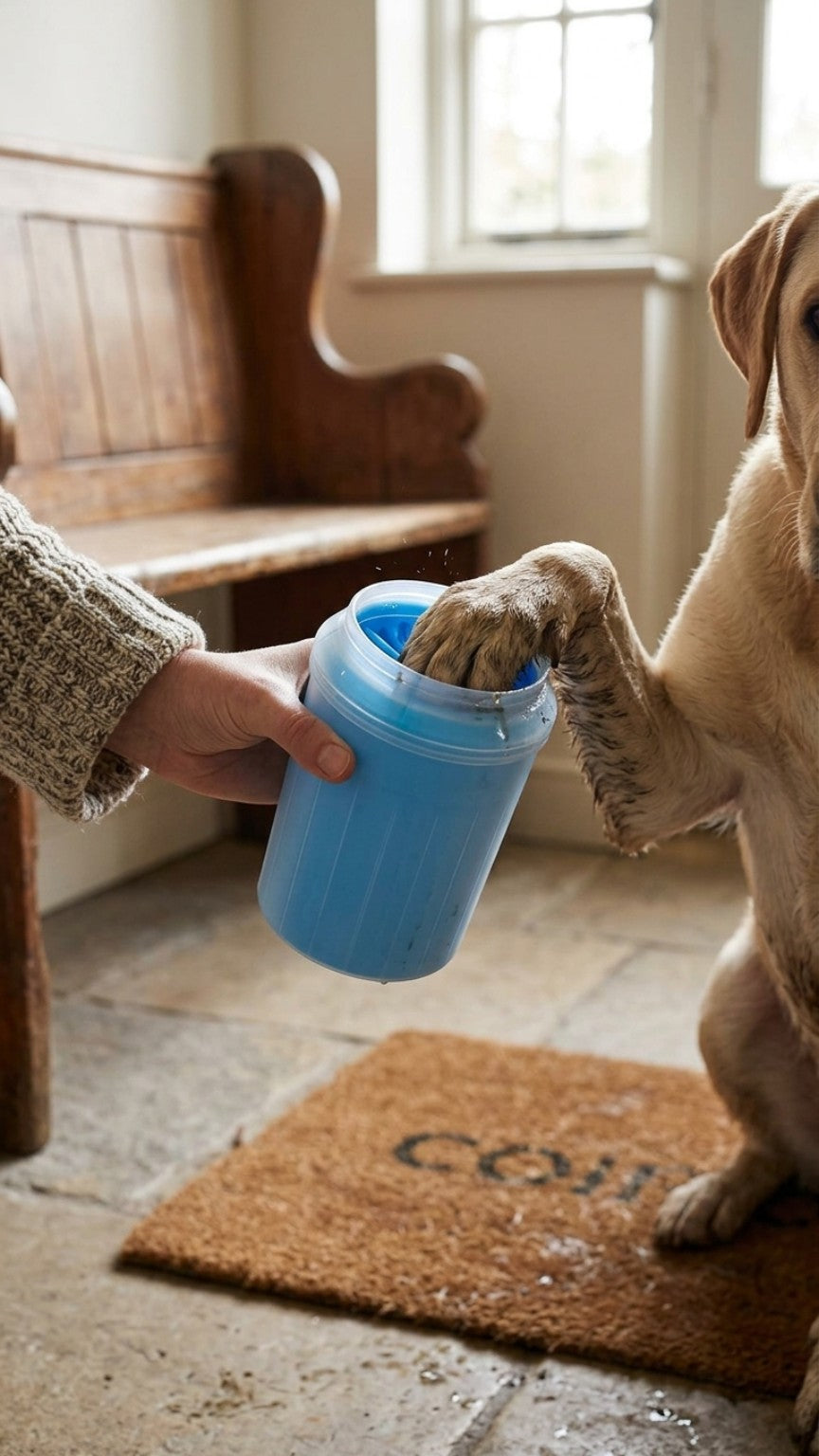 Dog paw being cleaned indoors with FurFree 360 degree paw cleaner
