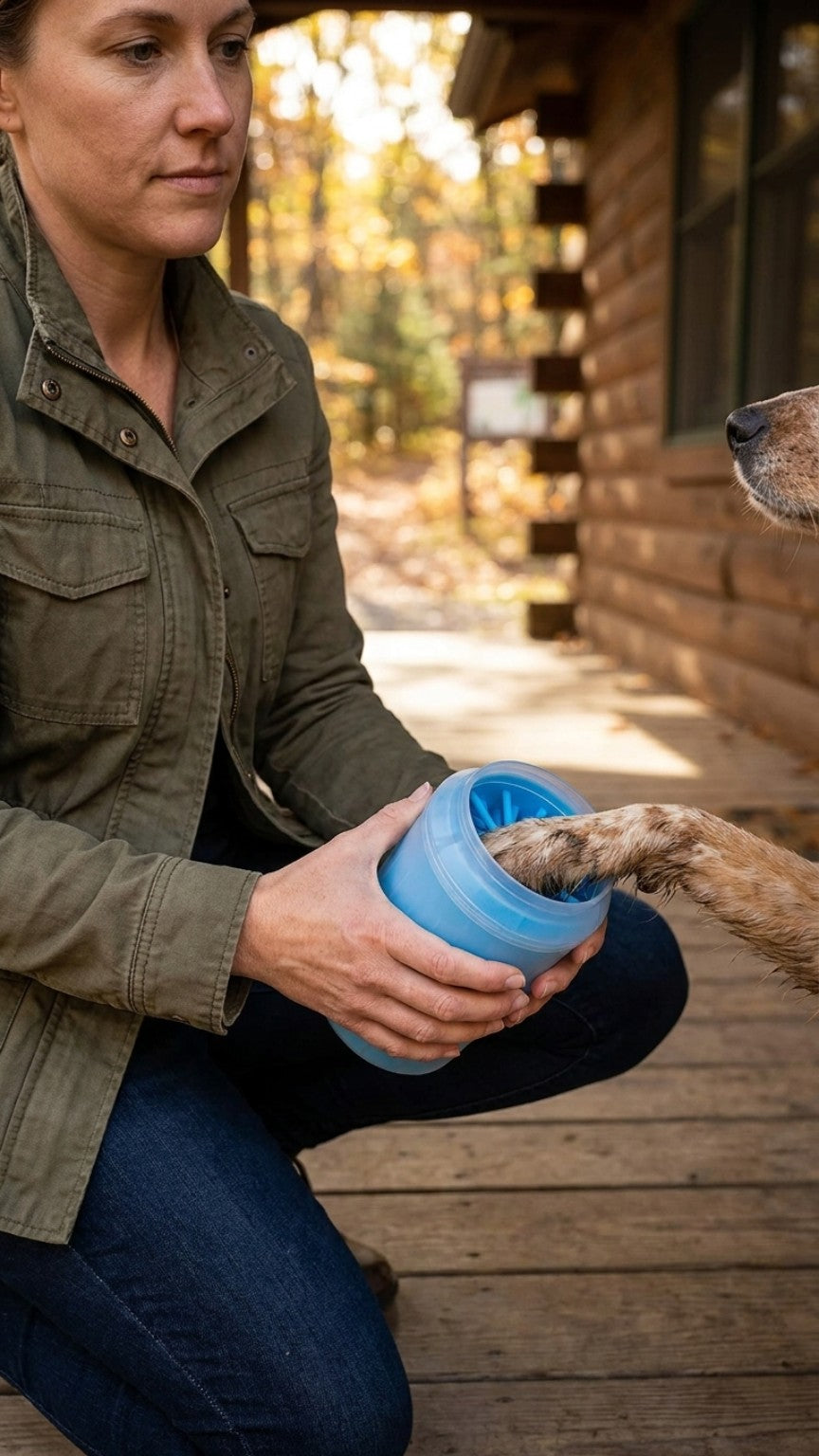 Dog paw being cleaned with FurFree 360 degree paw cleaner outdoors