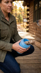 Dog paw being cleaned with FurFree 360 degree paw cleaner outdoors