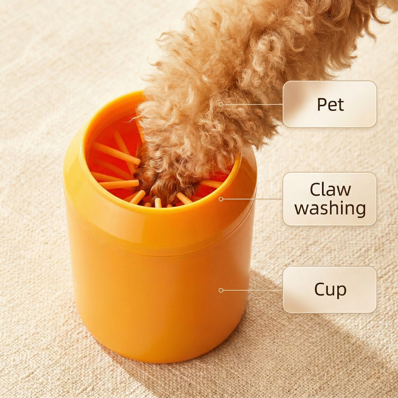 Dog paw inside FurFree 360 degree paw cleaner after a walk