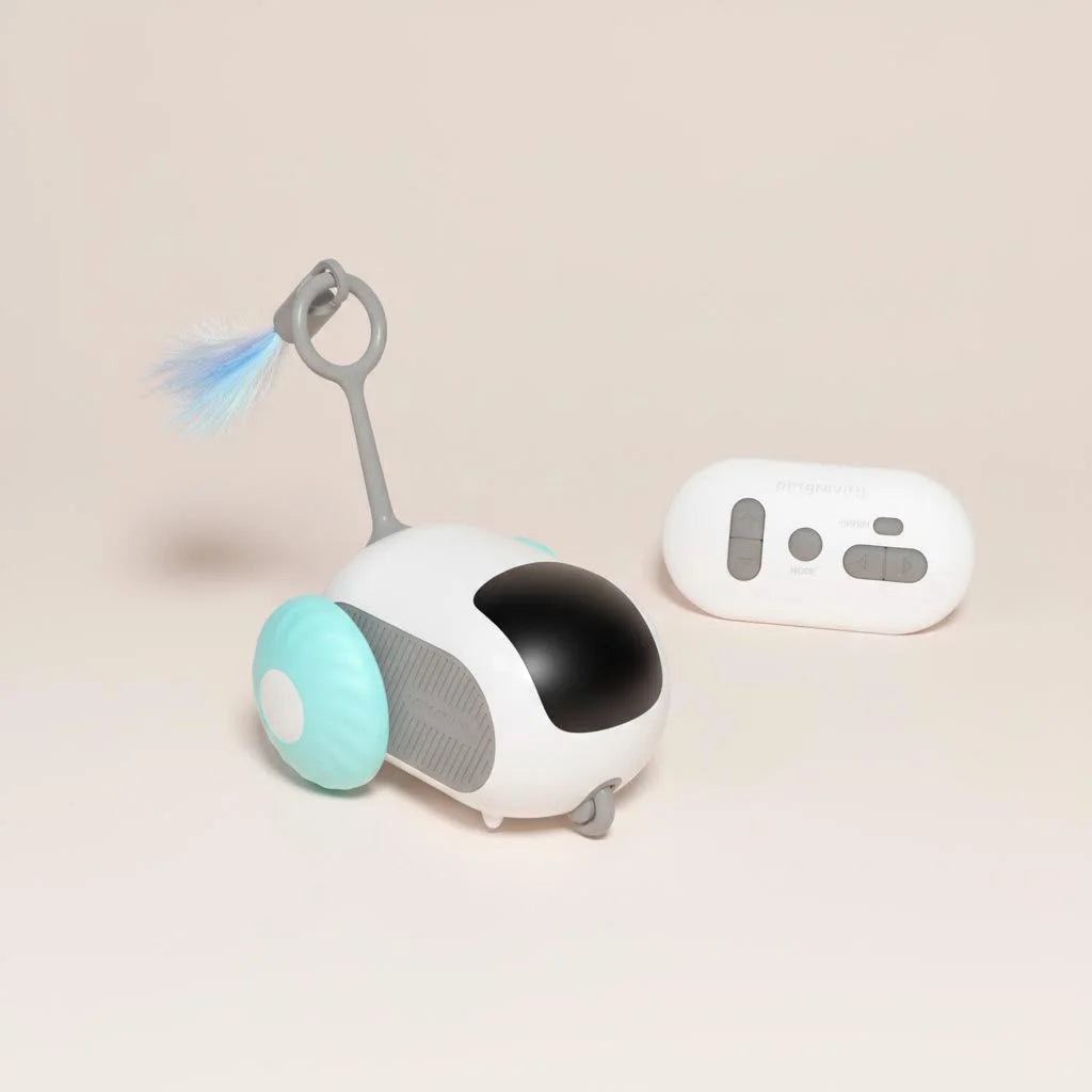 FurFree smart interactive cat toy car in blue with remote and teaser