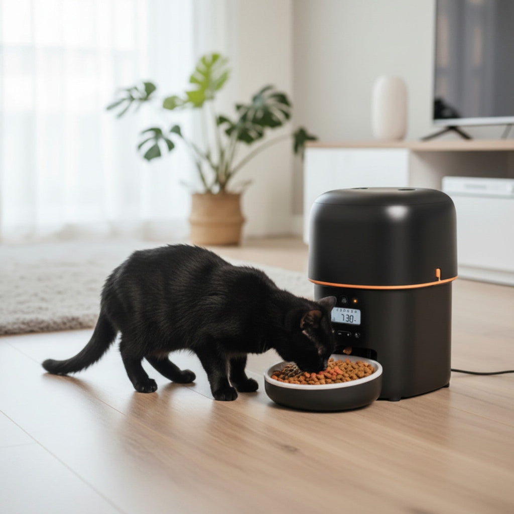 Cat eating from Kivelora AutoFeed Essential automatic pet feeder