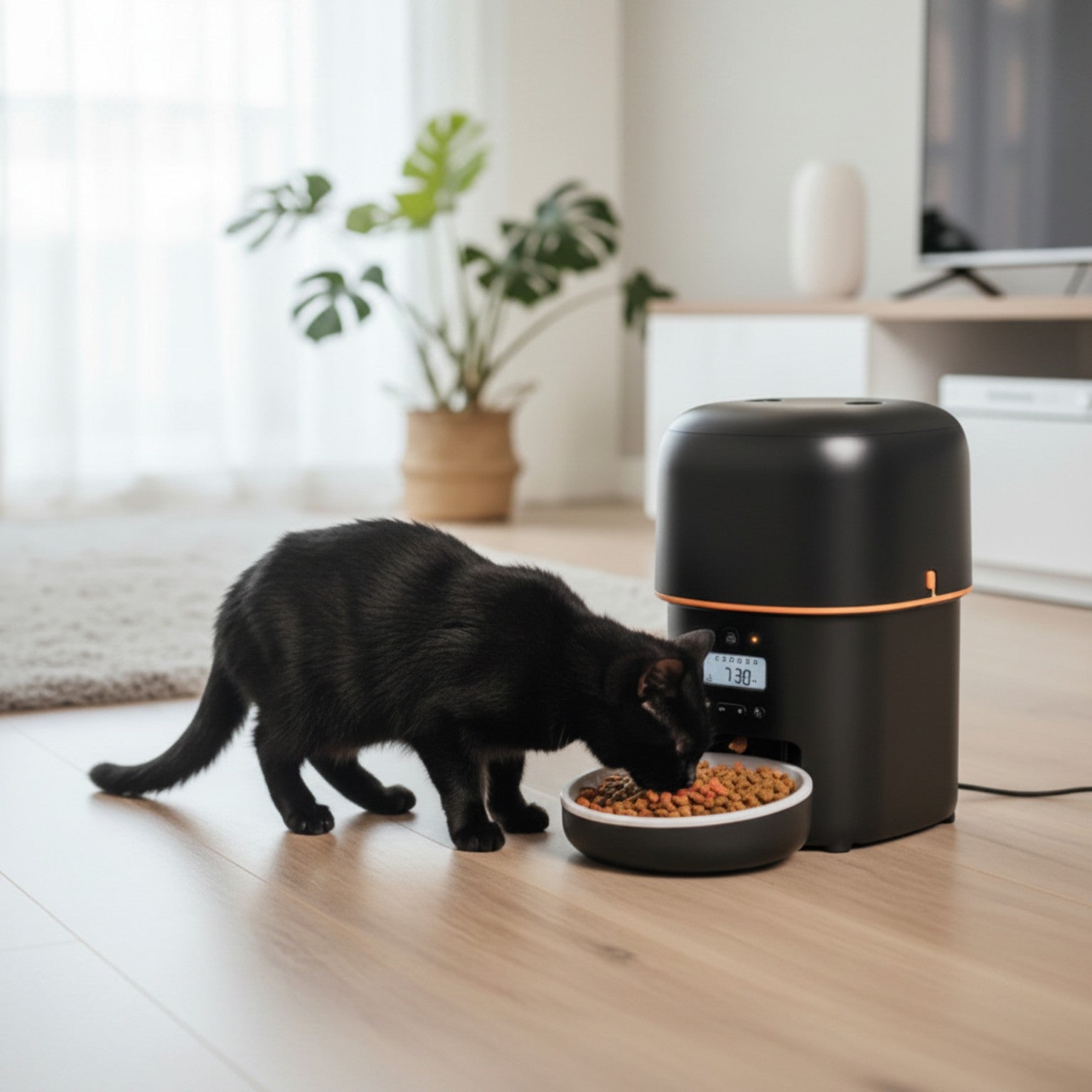 Cat eating from Kivelora AutoFeed Essential automatic pet feeder