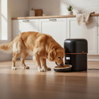 Dog eating from Kivelora AutoFeed Essential automatic pet feeder