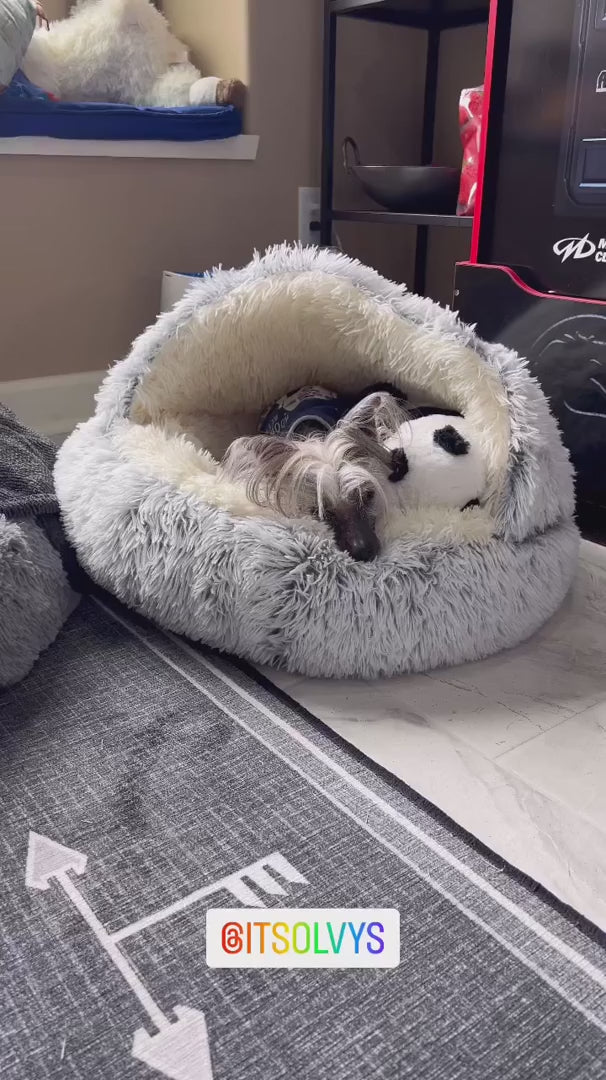 FurFree Calming Plush Pet Bed covered plush nap video